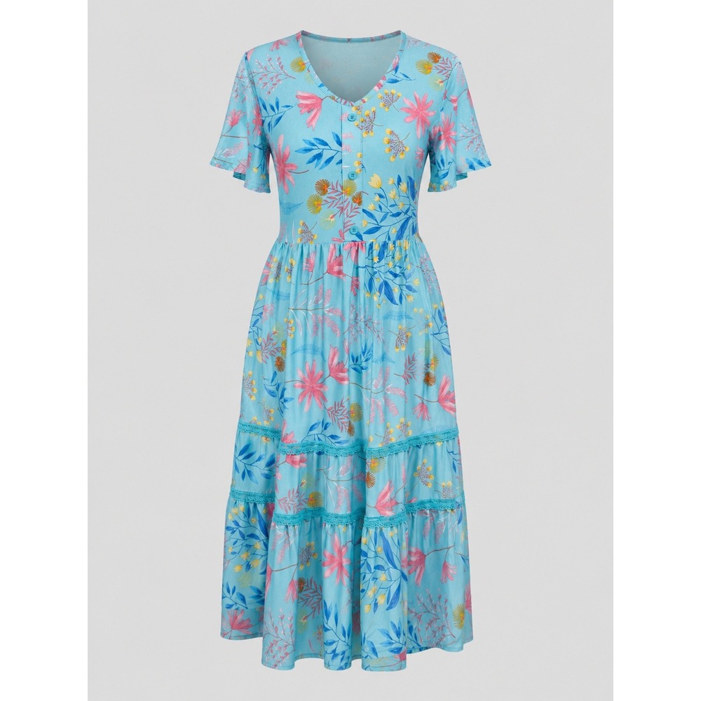 White Mark Blue Floral Tiered Midi Dress Short Sleeve Boho Pockets 327-513‎ S